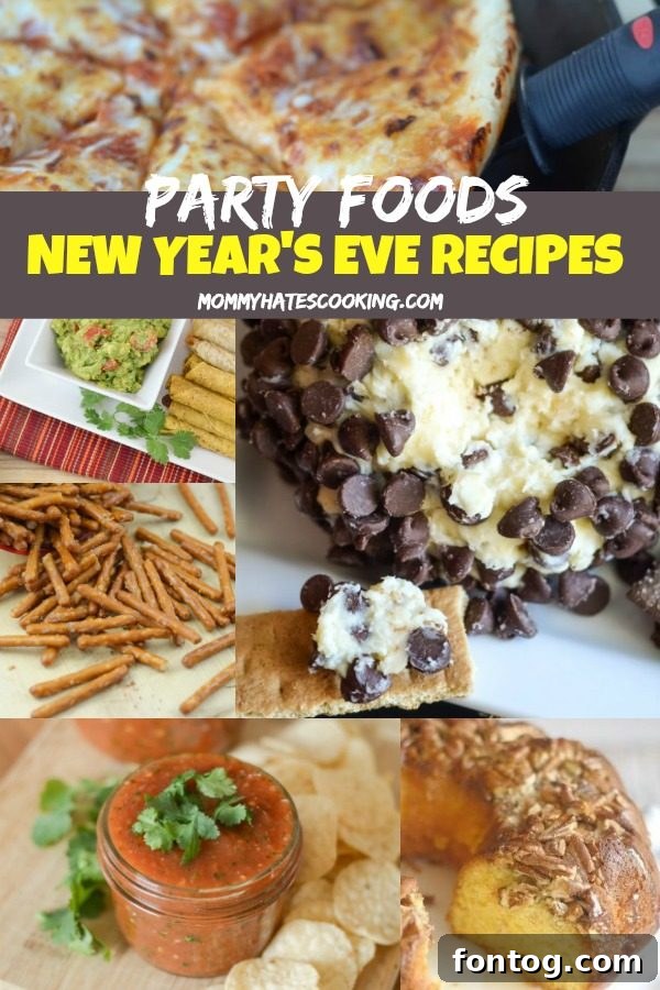 A festive New Year's Eve party food banner with various delicious dishes.