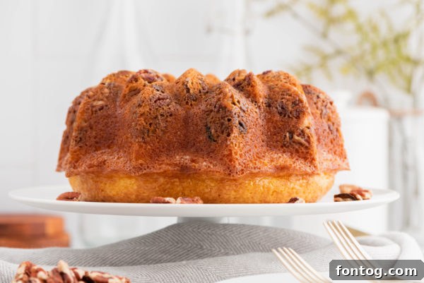 A slice of rich rum cake, perfect for a festive dessert.