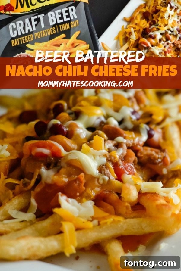 Pinterest optimized image for Beer Battered Nacho Chili Cheese Fries