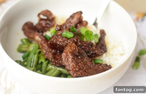 Plated Air Fryer Mongolian Beef with rice and green onions