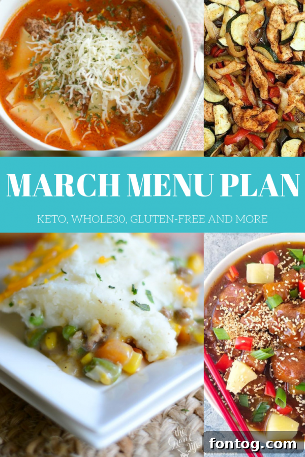 March Monthly Menu Plan graphic featuring various easy recipes including keto, gluten-free, and Whole30 options