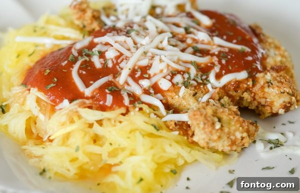Gluten-Free Air Fryer Chicken Parmesan served with Spaghetti Squash