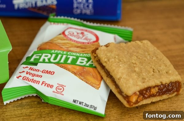 Betty Lou's Apple Cinnamon Fruit Bar, a tasty gluten-free snack perfect for any time of day.