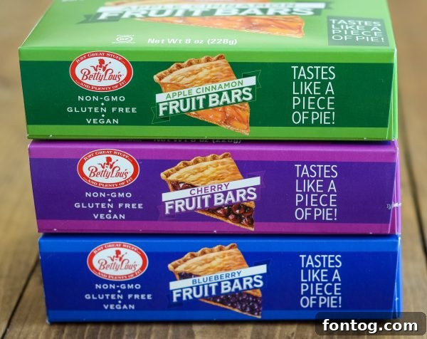 A variety of Betty Lou's Fruit Bar flavors, including Apple Cinnamon, Blueberry, Blackberry, and Cherry.