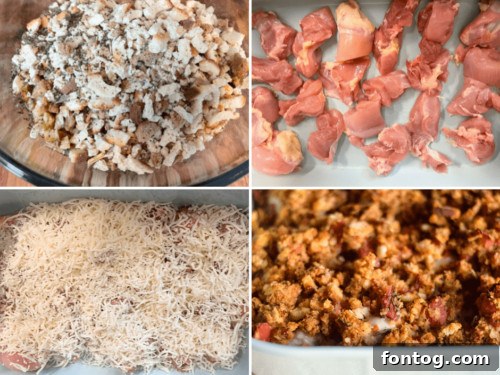 cubed chicken ready for Baked Chicken Bruschetta