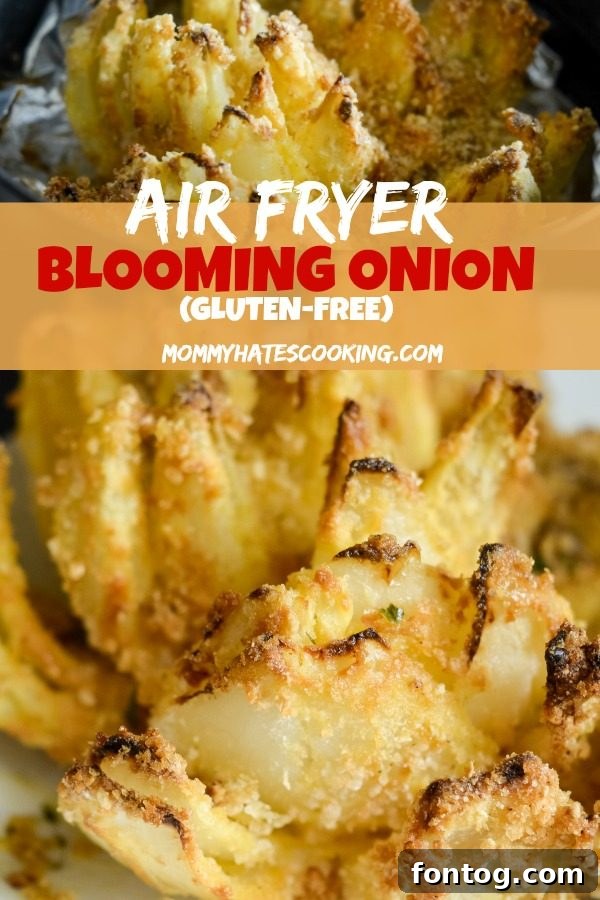 Easy Air Fryer Blooming Onion Recipe 2 A perfectly golden and crispy air fried blooming onion served with a dipping sauce, ready to be enjoyed.