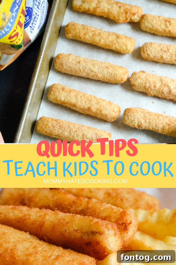 A vibrant infographic titled 'How to Teach Kids to Cook' summarizing key tips and benefits for parents.