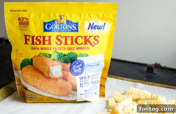 Close-up of Gorton's Seafood fish sticks in a resealable bag, emphasizing convenience.