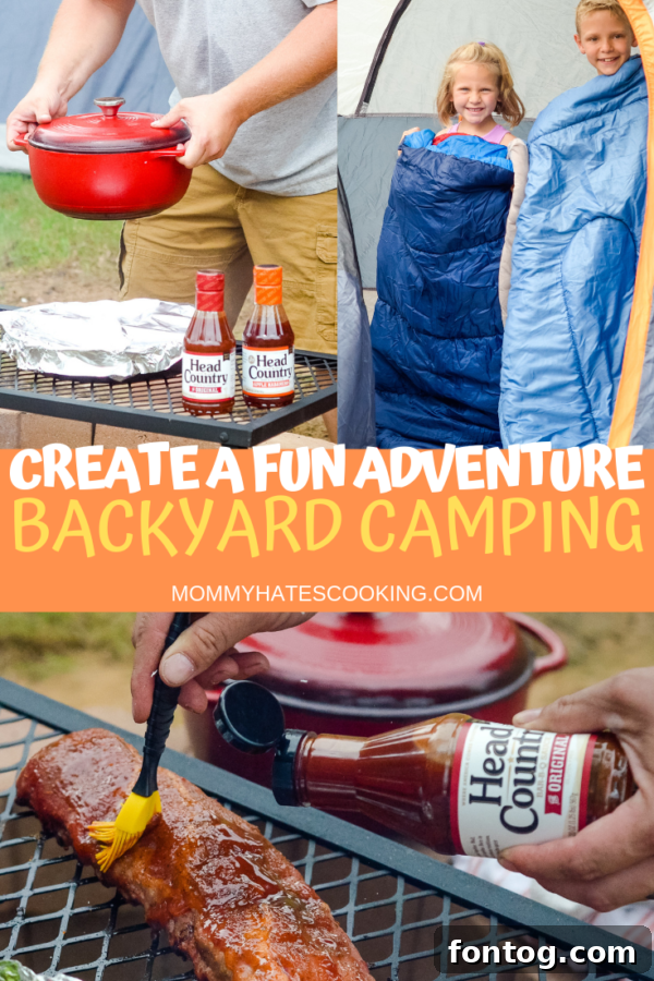 Backyard camping banner with text: Create a fun adventure for the kids this summer with backyard camping. This post provides the perfect way to make backyard camping fun! #AD That includes the best BBQ sauce for all that delicious campfire food! #BackyardCamping #HeadCountrySummertime #Camping