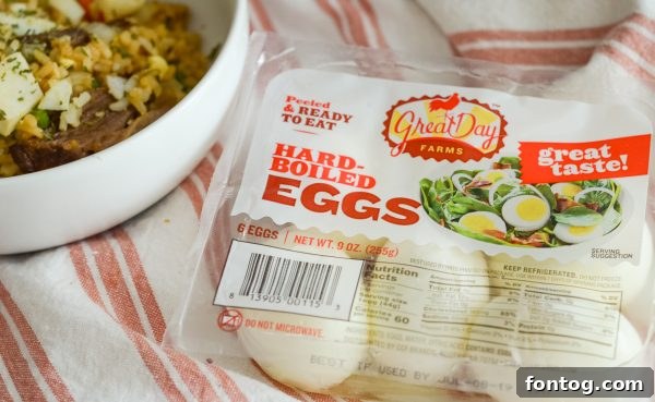 Close-up of Air Fryer Beef Fried Rice with visible pieces of tender beef and creamy hard-boiled eggs