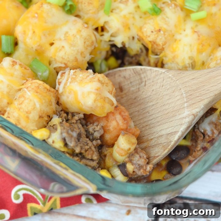 Hearty Tater Tot Taco Casserole in a baking dish.