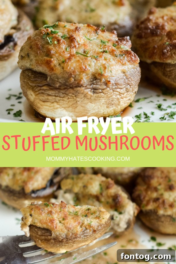 A vibrant platter of Air Fryer Stuffed Mushrooms, perfectly cooked with a golden-brown filling, ready to be served as an irresistible appetizer.