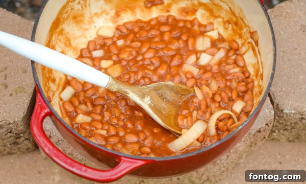 Delicious Easy Campfire Beans simmering in a Dutch oven over a glowing campfire, ready to serve.