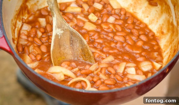 Ingredients for Easy Campfire Beans laid out on a wooden surface: Pinto beans, mustard, sweet onion, and Head Country Apple Habanero Sauce.