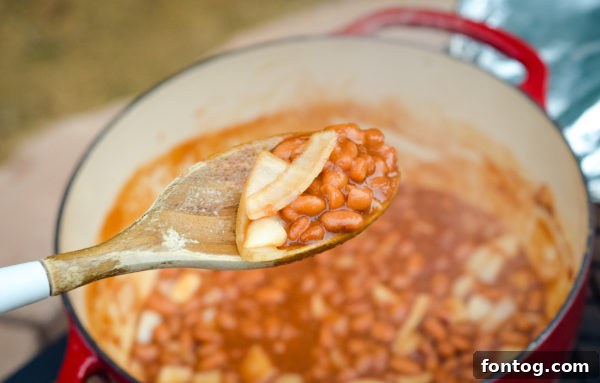 A Dutch oven filled with simmering Campfire Beans, covered and positioned perfectly over hot coals, ready for cooking.