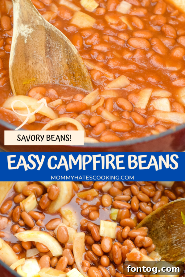A large 'Campfire Beans' banner for Pinterest, showing a hearty bowl of beans with camping elements.