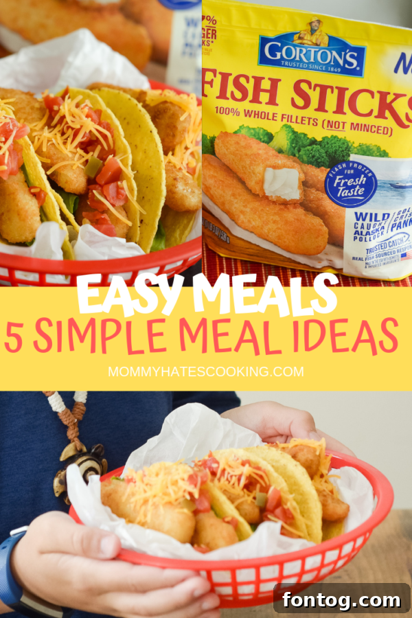 A collage showcasing 5 easy meal ideas with Gorton's Fish Sticks, including tacos, mac and cheese, and fish and chips