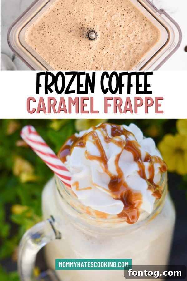 A close-up shot of a glass of frozen caramel coffee, beautifully garnished with whipped cream and caramel drizzle, ready to be enjoyed.