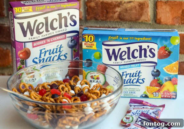 Portioned snack bags and a larger bowl of the No-Bake Sweet & Salty Snack Mix, ready for consumption.