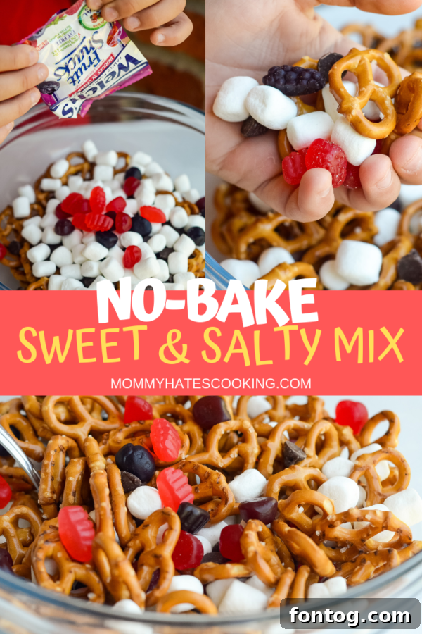 A vibrant graphic promoting the No-Bake Sweet & Salty Snack Mix and Welch's Fruit Snacks.