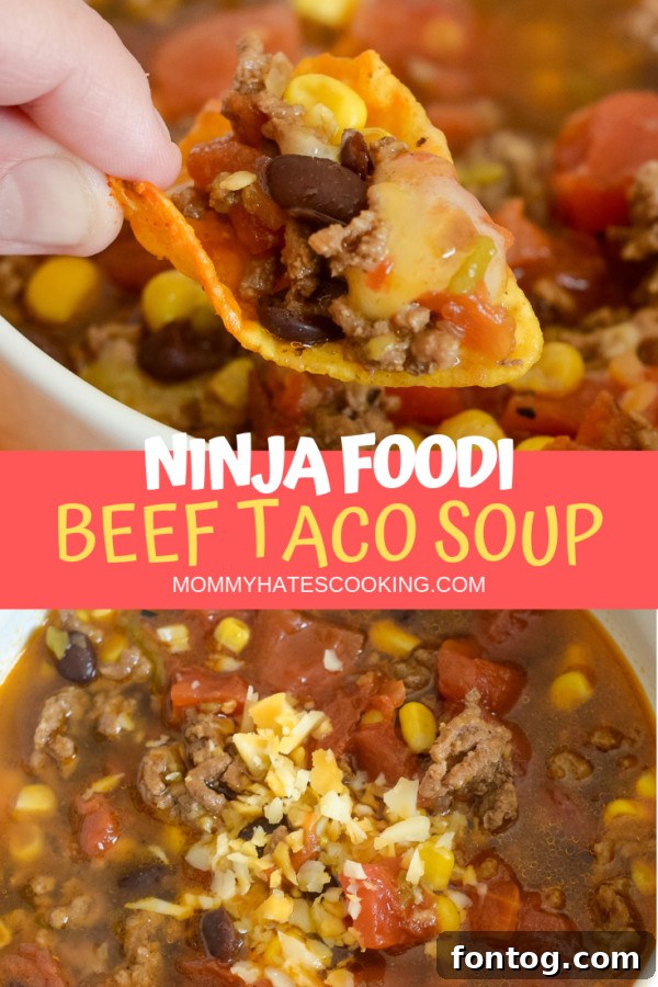 A large pot of Ninja Foodi Beef Taco Soup with Hatch Chiles, served with various toppings.