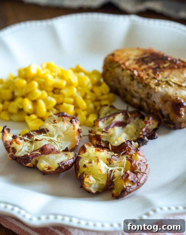 Crispy Crash Hot Potatoes made with Side Delights red potatoes, garnished with fresh rosemary.