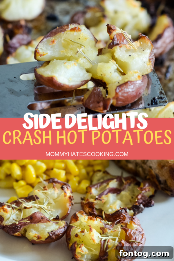 A batch of golden-brown, crispy Crash Hot Potatoes, fresh from the oven and ready to serve.