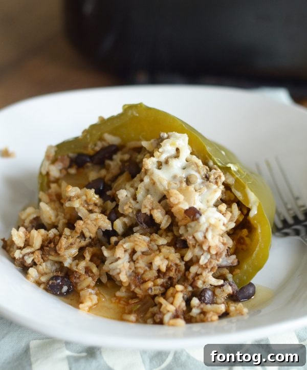 A vibrant plate of slow cooker stuffed peppers, a perfect example of a pre-planned, delicious meal.