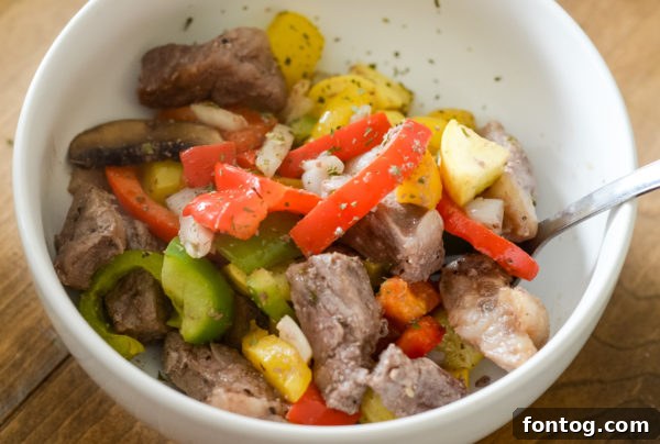 Ninja Foodi Steak and Vegetable Bowl cooked in an air fryer, presented in a bowl.