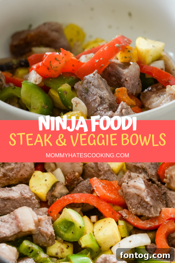 A collage of six images showing the Ninja Foodi Steak and Vegetable Bowls at various stages, from raw ingredients to cooked dish.