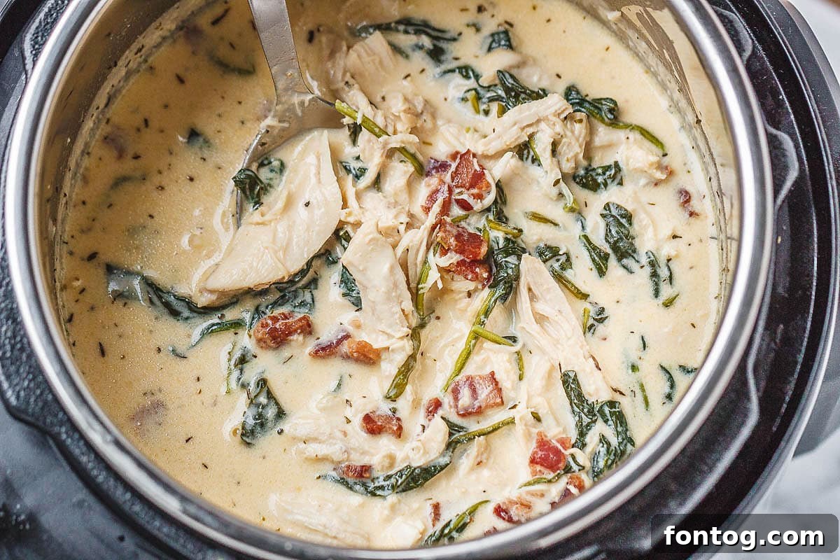 Pressure Cooker Crack Chicken Spinach Soup with Cream Cheese and Bacon