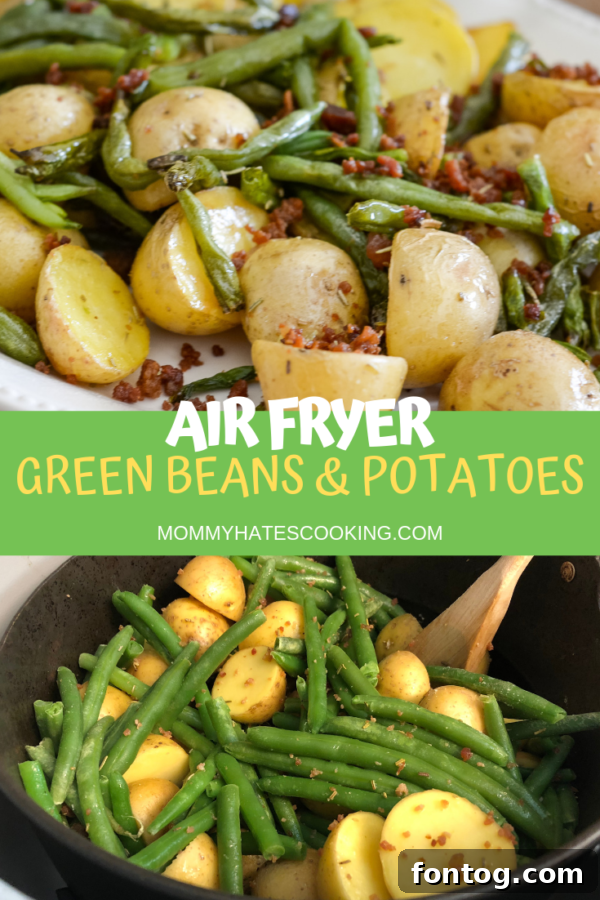 Air Fryer Green Beans and Potatoes served on a plate with bacon bits