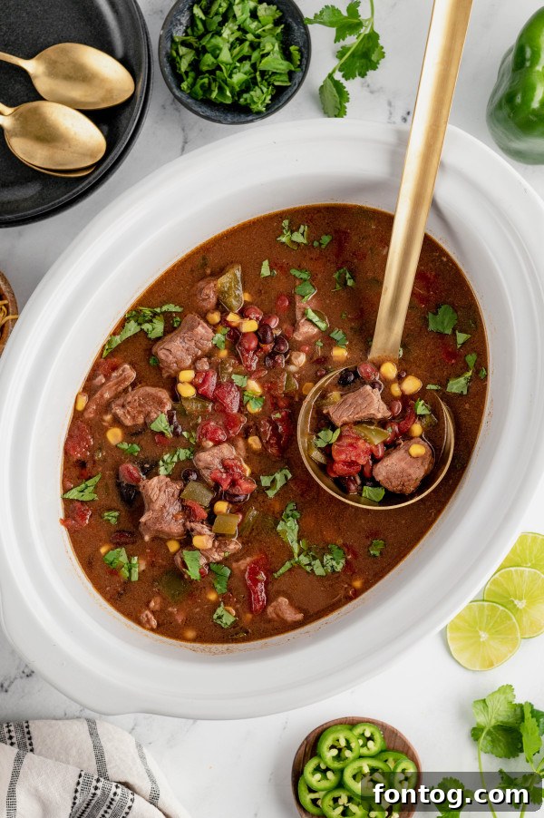 slow cooker taco stew with a spoon
