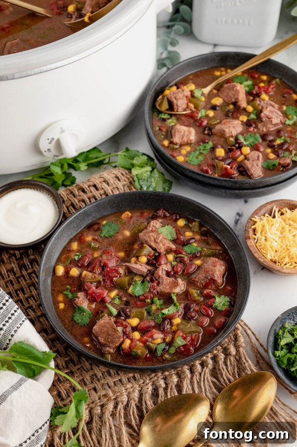slow cooker taco stew in a bowl with a slice of lime