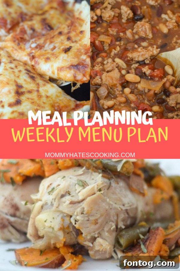 A printable weekly meal planner with sections for each day, grocery list, and notes, featuring a vibrant design.