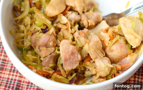 A vibrant Ninja Foodi Egg Roll in a Bowl with chicken and crisp vegetables, ready to serve.