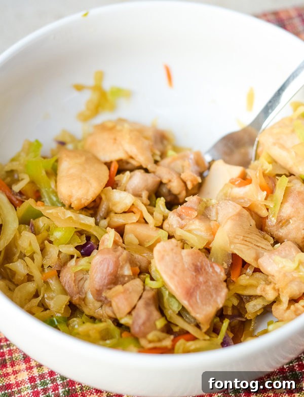 The Ninja Foodi Egg Roll in a Bowl, just finished cooking and ready for serving, showcasing the tender chicken and softened coleslaw.