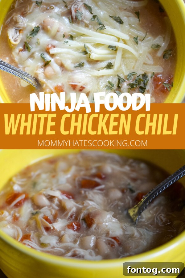 A large pot of Ninja Foodi White Chicken Chili, garnished and ready to be served.