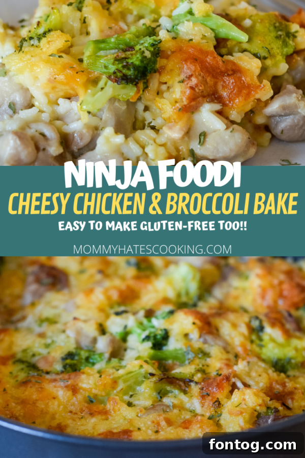 Ninja Foodi Cheesy Broccoli Chicken and Rice Bake in a pan with serving on a plate