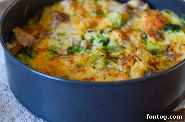 Close-up of creamy cheesy broccoli chicken and rice bake
