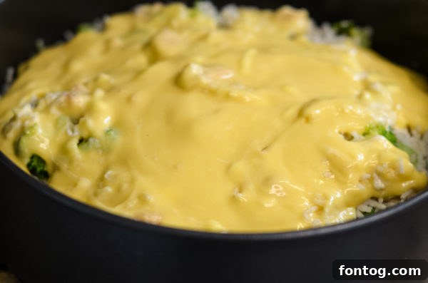 Adding cheese to the Ninja Foodi broccoli chicken and rice bake