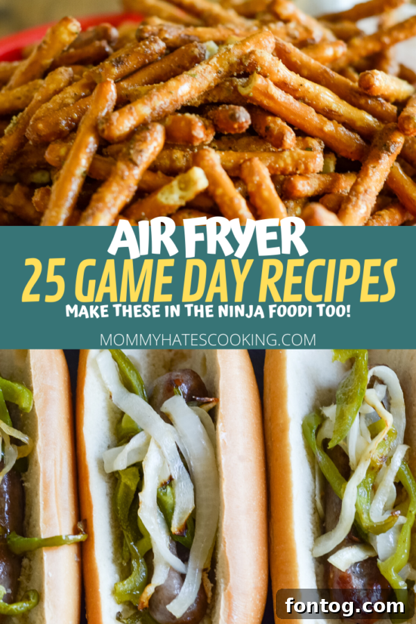 Crispy Air Fryer Game Day Bites 2 A collage of various air fryer game day recipes including wings, nachos, stuffed mushrooms, and fried pickles.