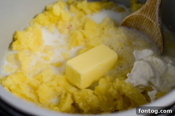 Ingredients being added to mashed potatoes