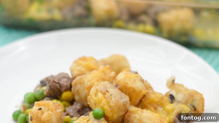 Classic Easy Tater Tot Casserole, bubbly and golden brown.