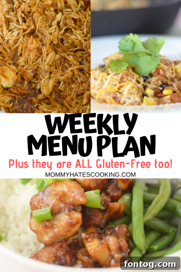 A beautifully designed weekly menu plan graphic, offering meal ideas and organization.