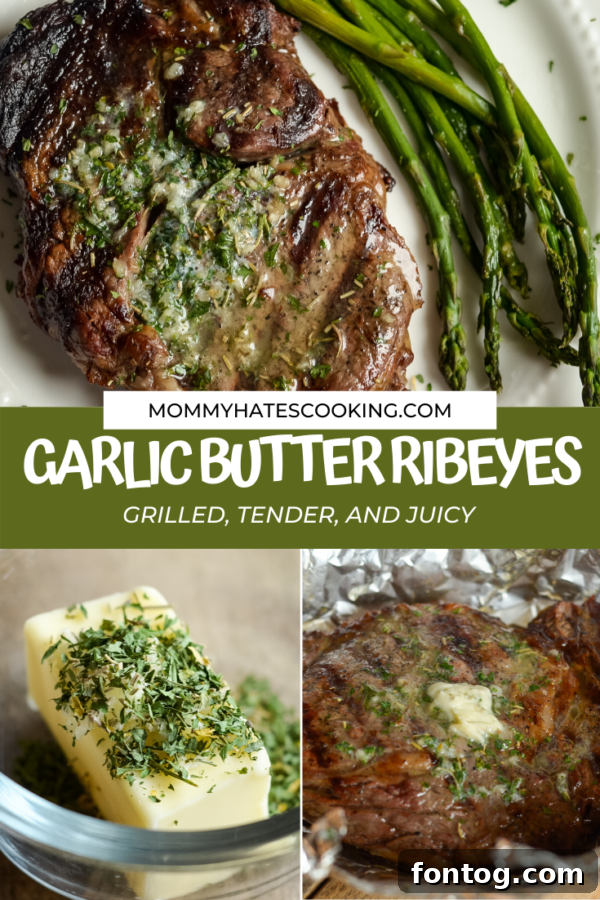 Pinterest graphic for Garlic Butter Ribeyes