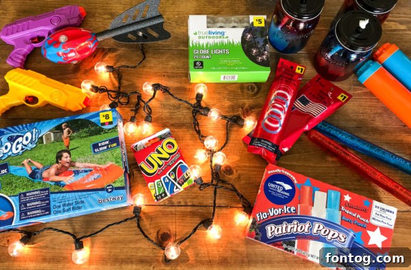 Backyard Bash: Your Family's Ultimate Game Night 6 Assortment of Dollar General summer items: water slide, water balloons, bubbles, and card games