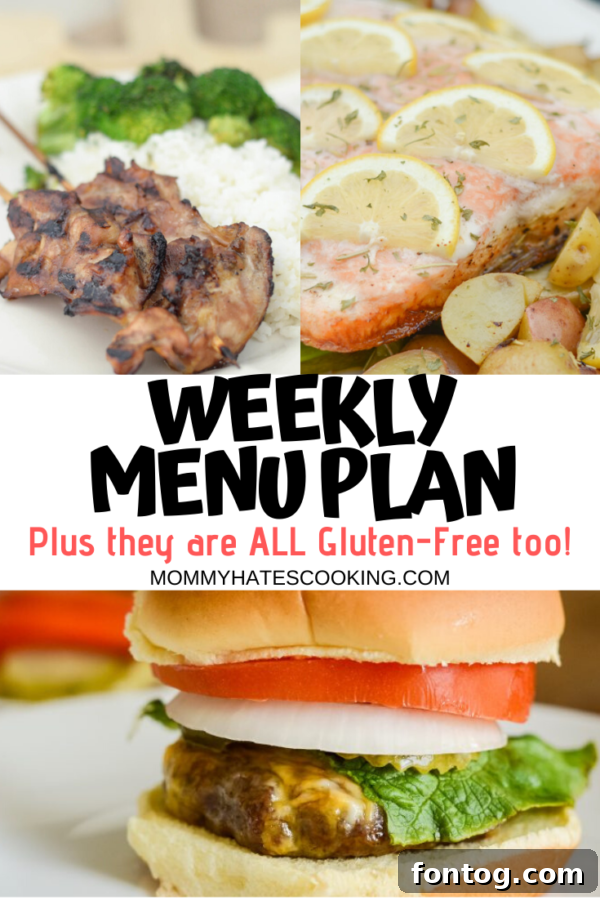 Weekly menu plan template showing various meal ideas for the week, designed for easy organization.