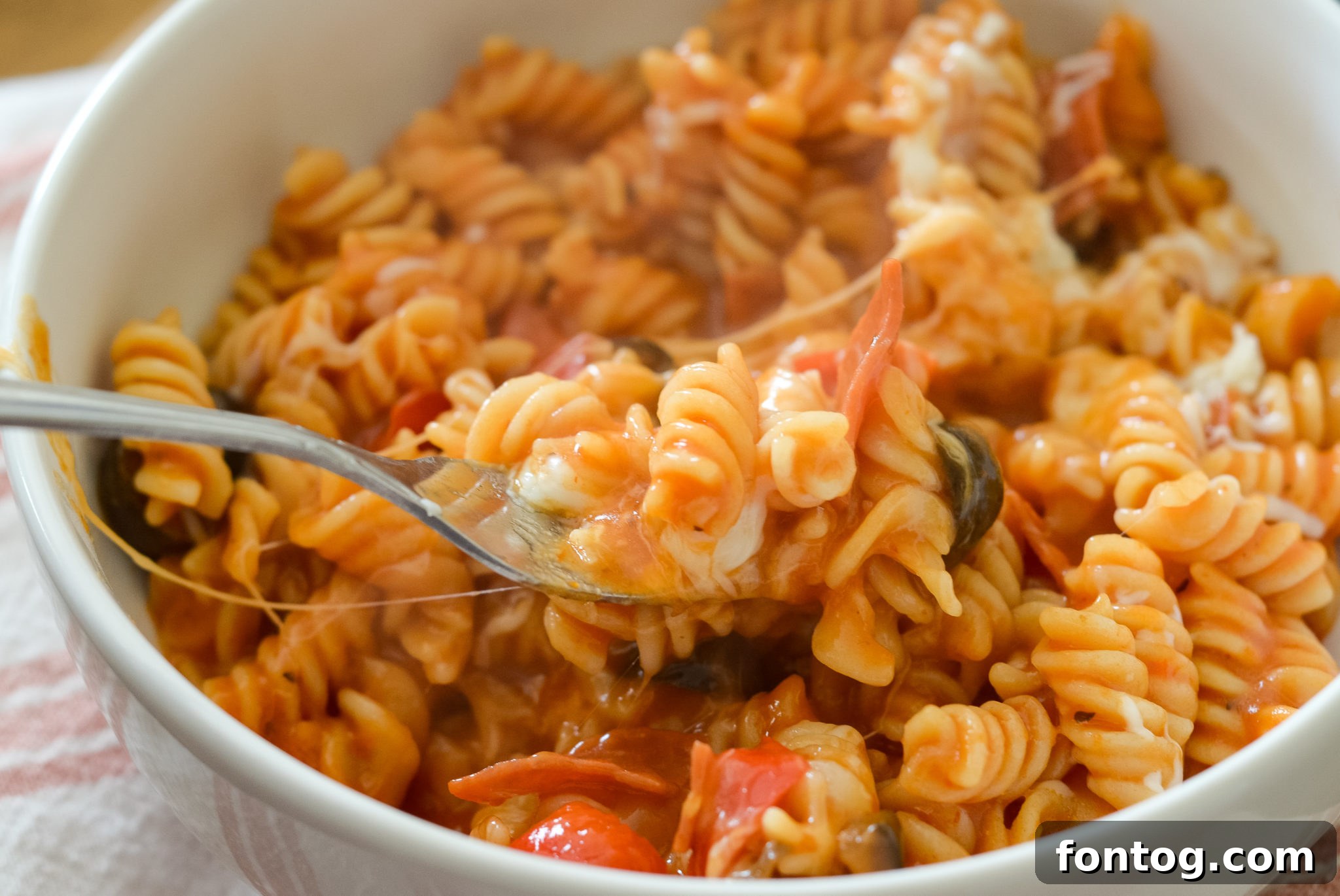 Close-up of a delicious pizza pasta dish prepared in a Ninja Foodi or Instant Pot