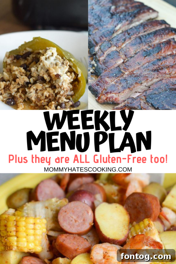 A beautifully organized weekly menu plan with recipes and shopping list.